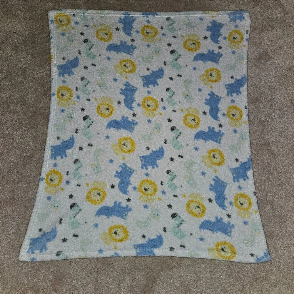 Cutie Pie Lion Zebra Giraffe Rhino Stars Fleece Baby Blanket 30x36 Blue Yellow